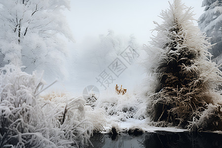 雾凇中的冬季湖景背景图片
