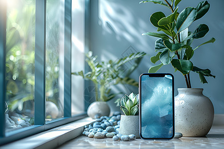 窗边的手机和盆栽背景图片