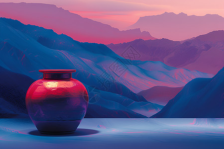 日落时分山脉下的一只深红色罐子图片