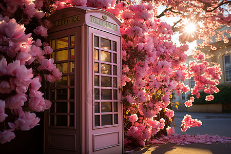 粉色花海中的电话亭图片