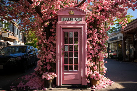 粉色电话亭和鲜花图片