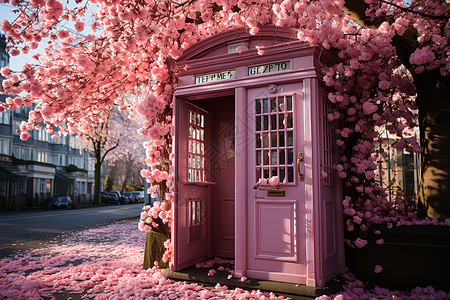 粉色花海中的浪漫电话亭图片