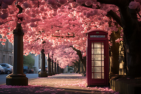 粉色樱花下的电话亭图片
