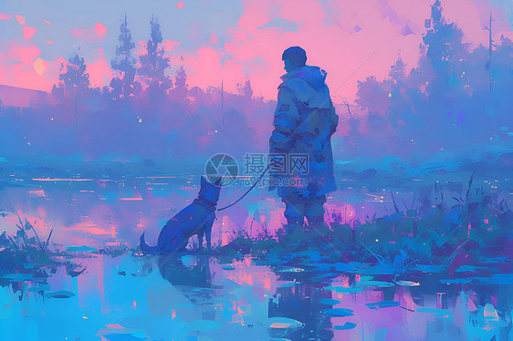 男子和他的狗站在水中图片