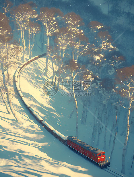 森林中行驶的红色列车图片