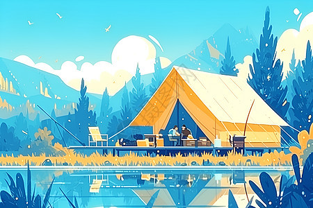 湖边的房屋帐篷图片