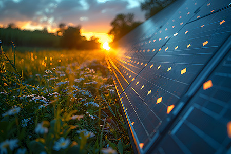 花草地中的太阳能板图片