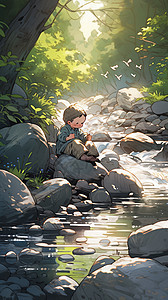 坐在河边石头上的男孩图片