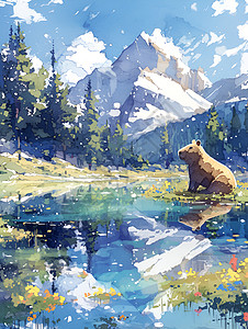 熊独坐湖畔图片