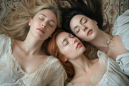 三位女性躺在床上睡觉图片