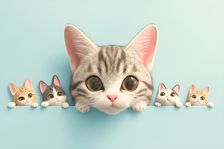 一群猫咪从墙上探出头图片