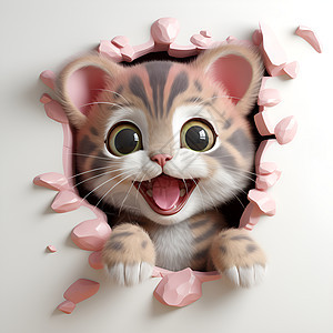 快乐小猫在墙洞上玩耍图片