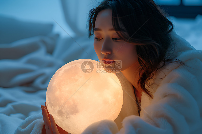 女子抱着月亮灯图片