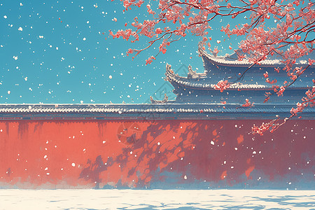 雪花中的宫殿红墙高清图片