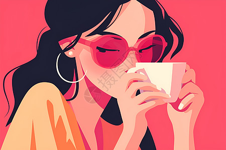 长发女生粉色墨镜的长发女性喝咖啡插画