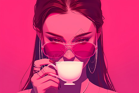 带着粉色太阳镜的女性喝着咖啡图片