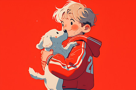 可爱卡通男孩抱着白色小狗图片