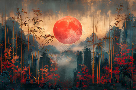 竹林中的红月背景图片