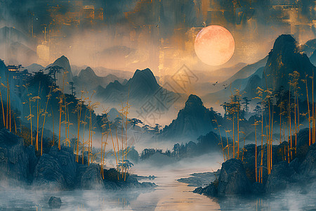 休闲空间月夜山水画插画