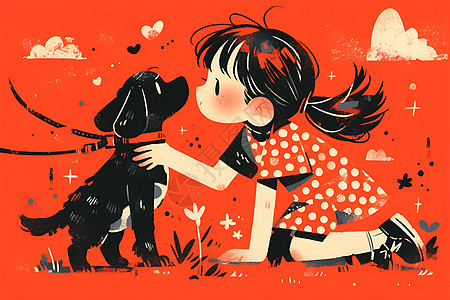 小女孩与黑色小狗图片