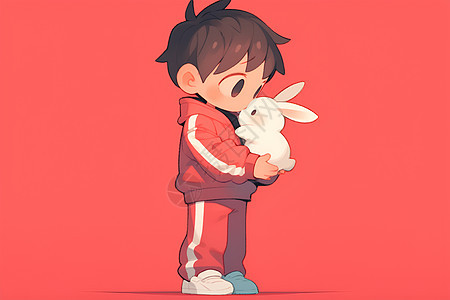 男孩抱着一只兔子图片