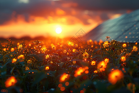 夕阳下的鲜花田图片