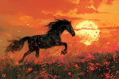 太阳下奔跑的马匹图片