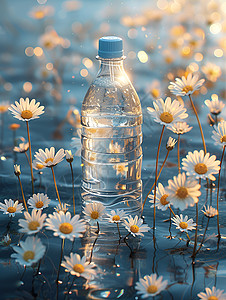 千日菊水瓶与水中的雏菊插画