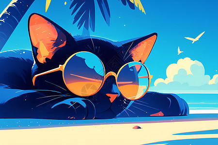 海滩上躺着戴着墨镜的猫图片