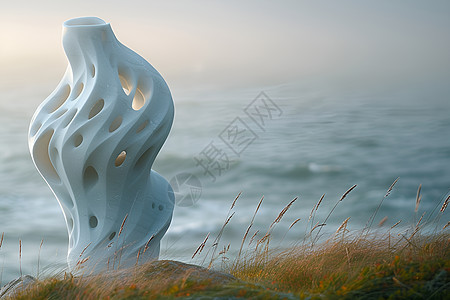 白雕塑在海崖草坡上图片