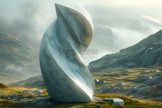 山顶雾中的大理石雕塑图片