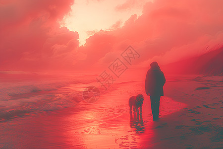 沙滩漫步的人与狗图片