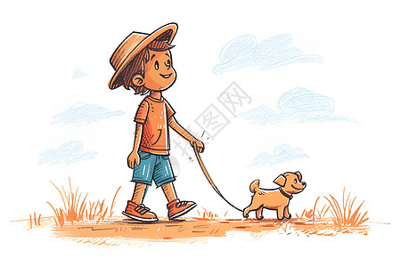 少年牵着狗在草地上漫步图片