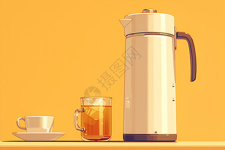 淡黄色背景下的茶壶和杯子图片