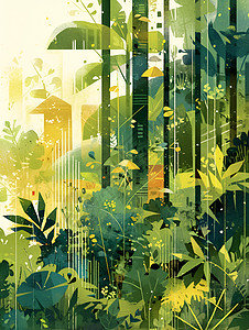 密林错落植物插画图片