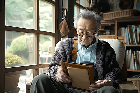 坐在椅子上的男人老人坐在椅子上看平板电脑背景