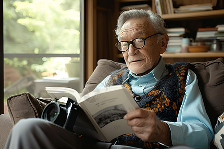 沙发上看书的老年男人图片