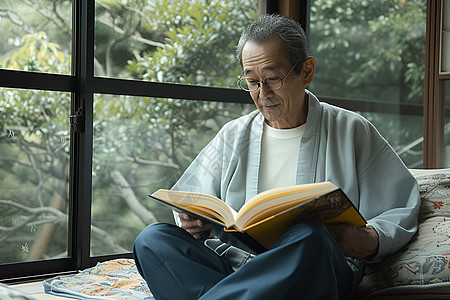窗边读书的老人图片