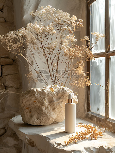 窗台上的花瓶和石头图片