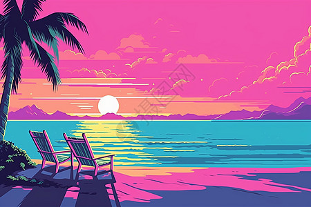 沙滩日落唯美粉色沙滩插画