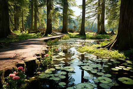 森林中的一片池塘和花草通往池塘的小路上有一个指示牌图片