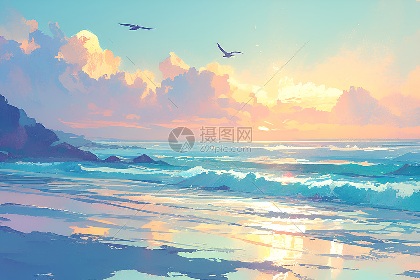 海岸的日出插画美景图片