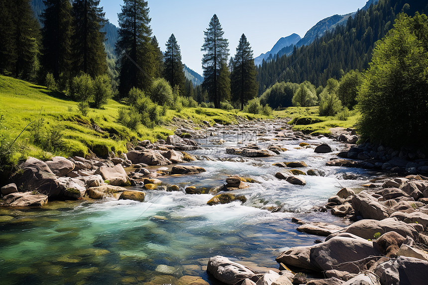 清澈流动一条溪流穿过翠绿森林的照片图片