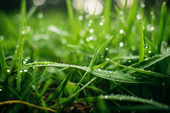 清晨的草地上一片绿意盎然水滴挂在草叶上图片