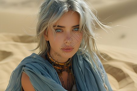 沙漠中的银发女模特图片