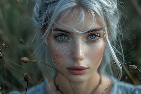 -银发女模特穿着森林风格时尚神秘的林地背景图片
