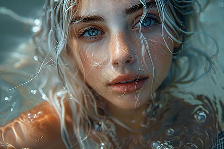 蓝色海洋中的银发女模特图片