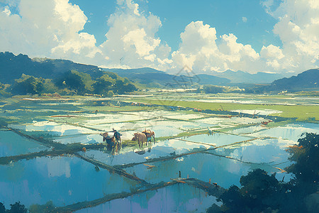 水稻田的插画图片