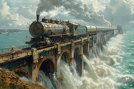 海洋桥梁上行驶的火车图片