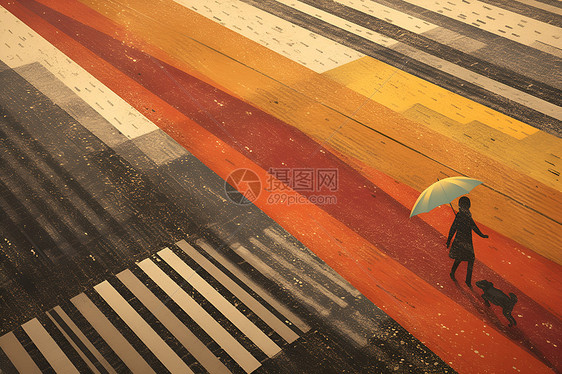 雨中的人撑着伞遛狗图片